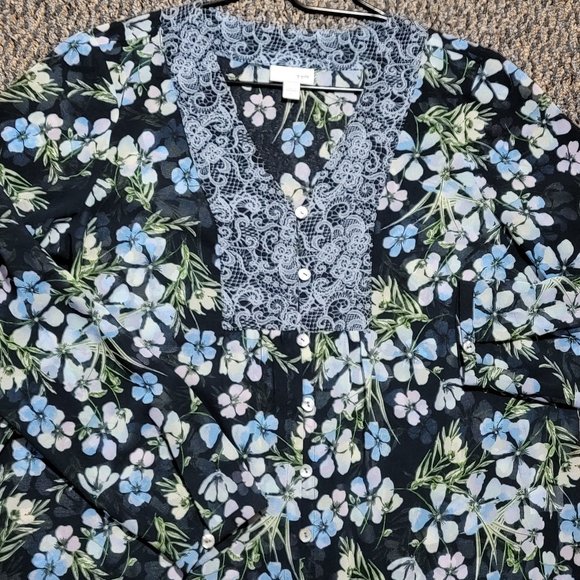 J. JILL Floral Lace Print Button Front Blouse Sheer Long Sleeve Navy Blue Small - Picture 13 of 16